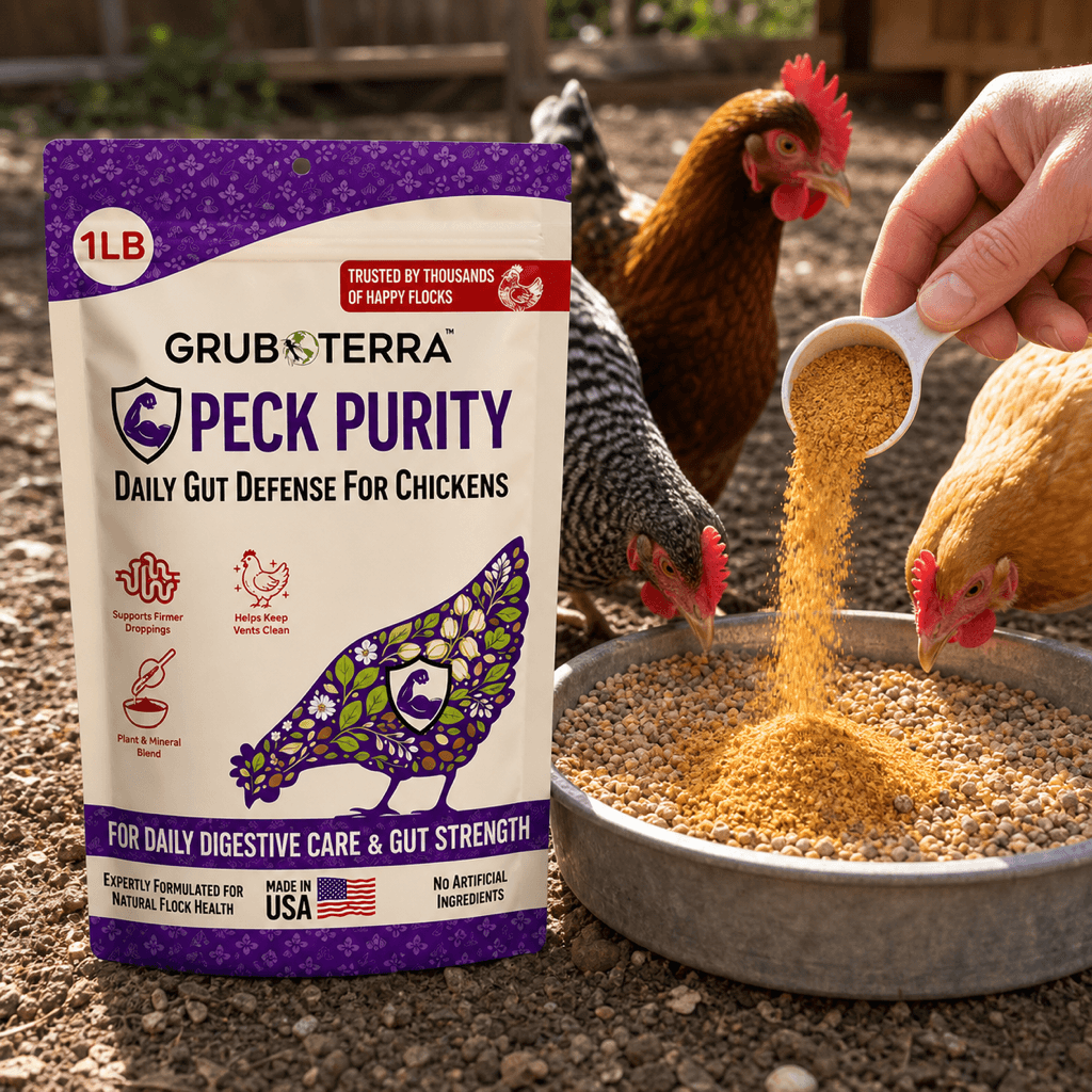 Peck Purity bag with chickens feeding
