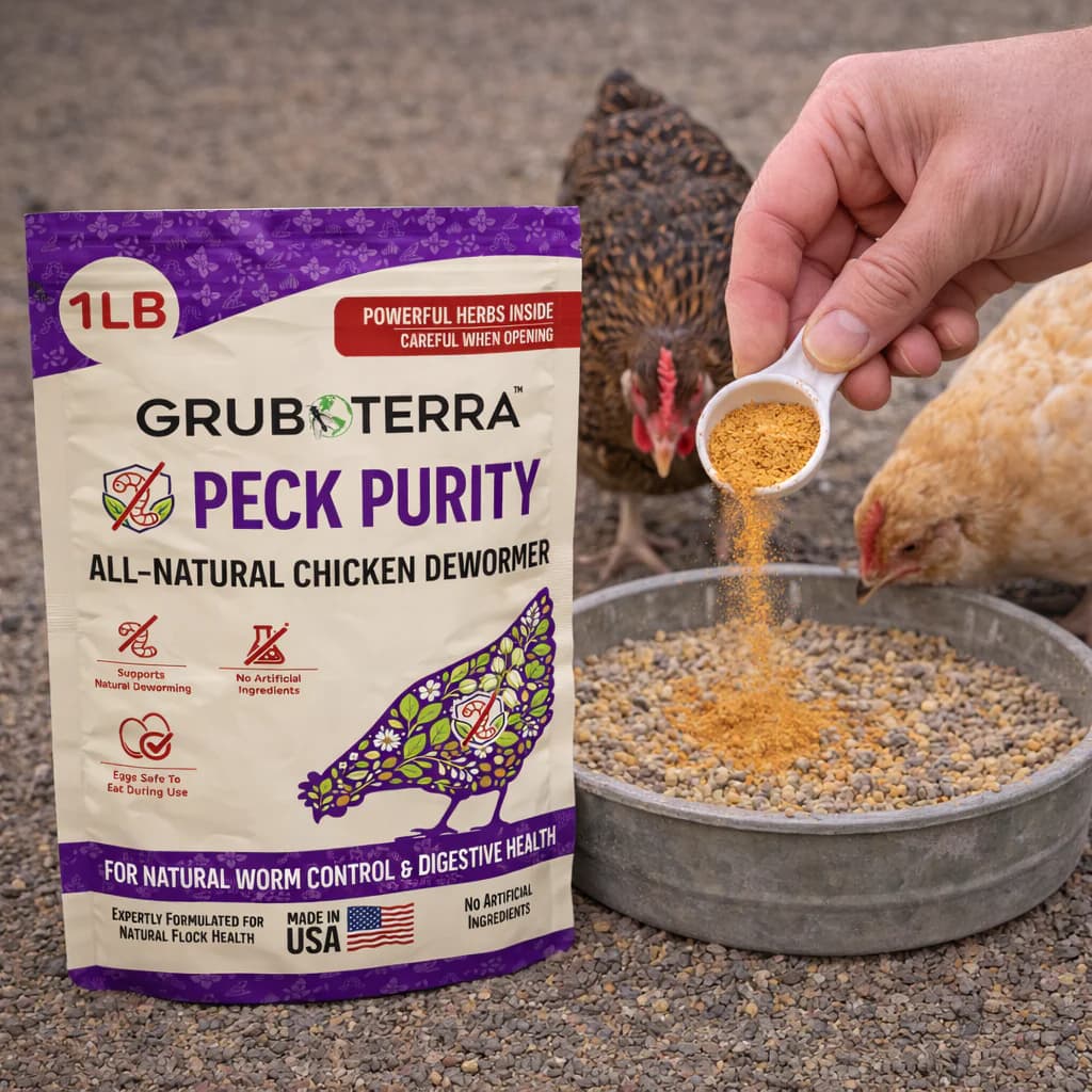 Peck Purity bag with chickens feeding