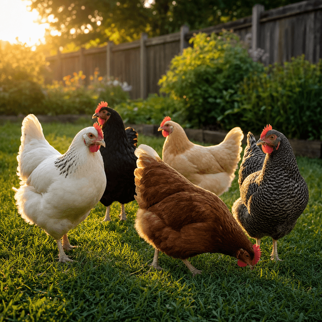 Tidy healthy hens in a backyard flock