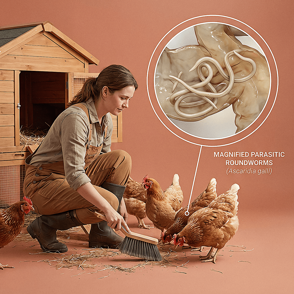 Farmer with chickens and magnified parasitic roundworms