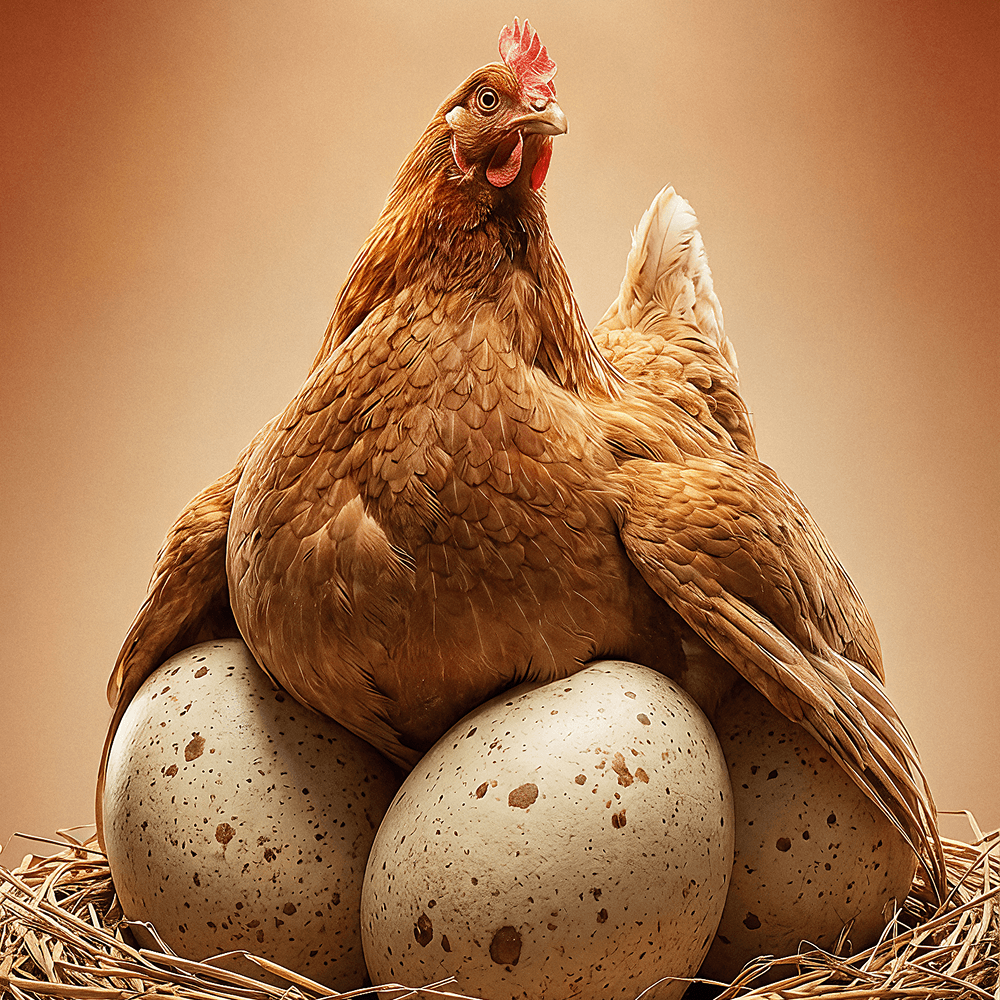 Hen sitting on large eggs in a nest