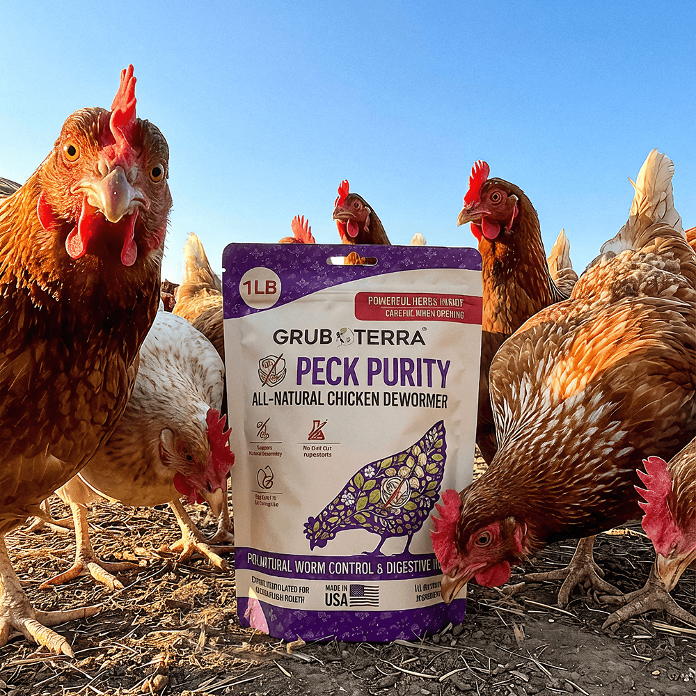 Peck Purity bag surrounded by chickens in a field