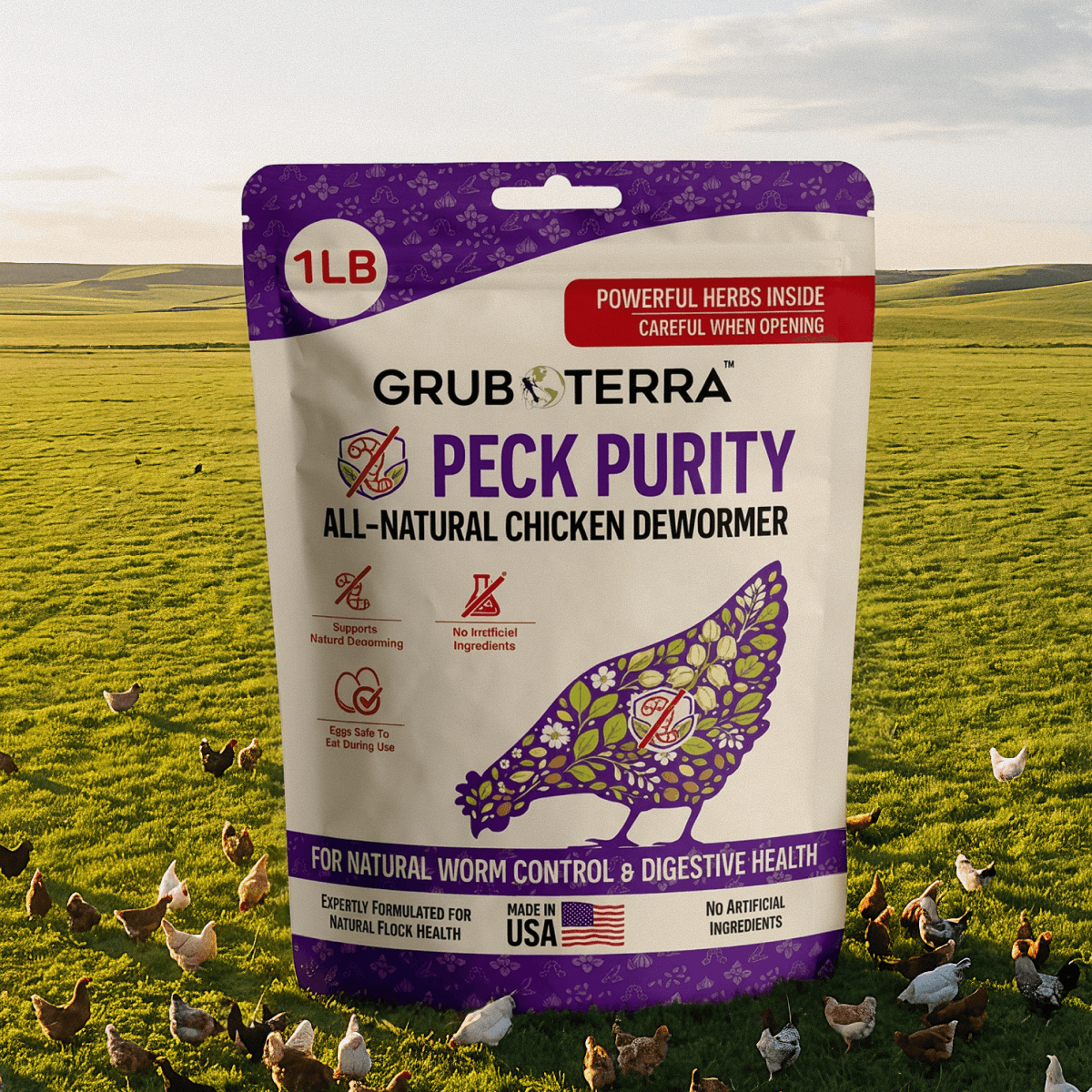 Peck Purity bag with chickens feeding