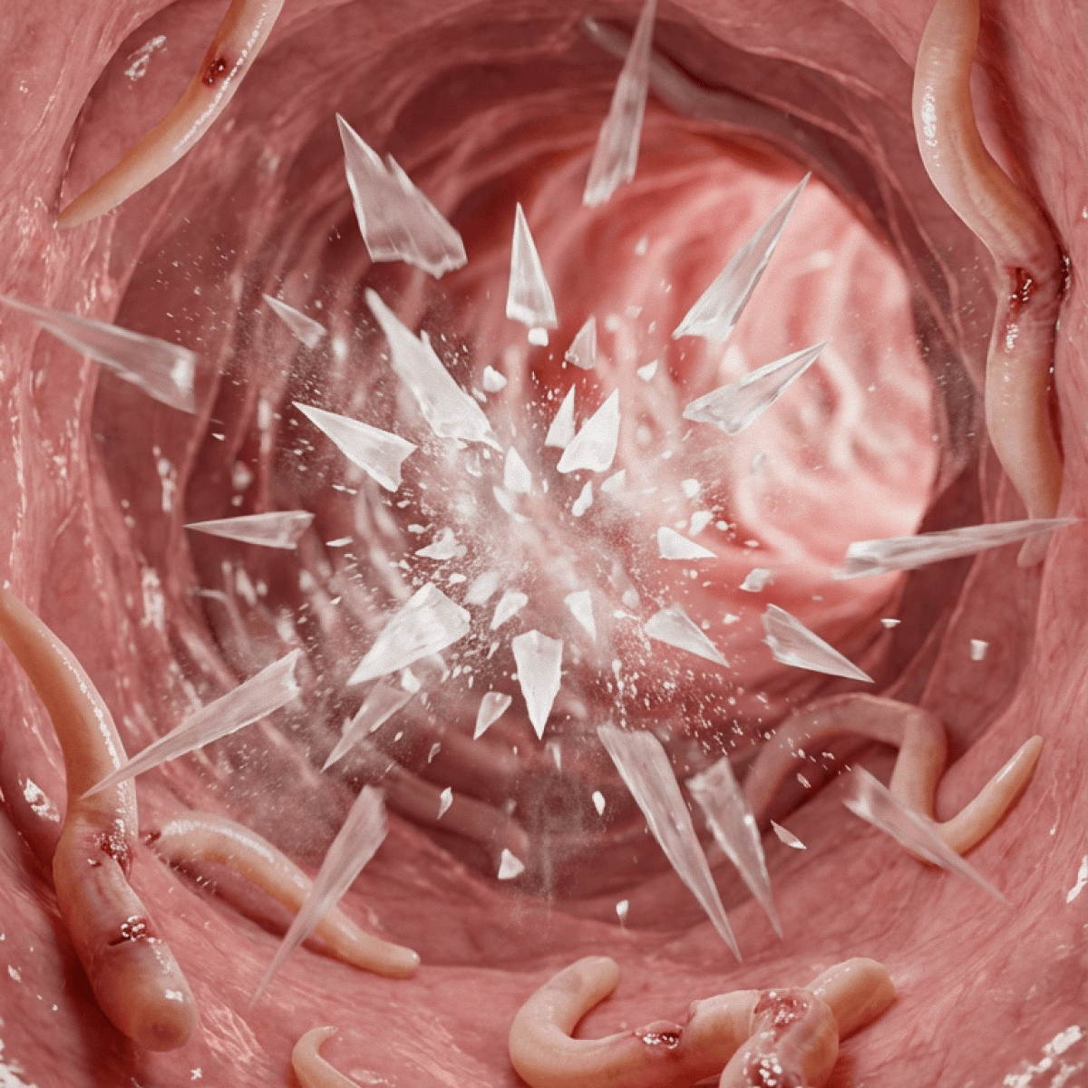 Diatomaceous earth disrupting parasites in a chicken's gut