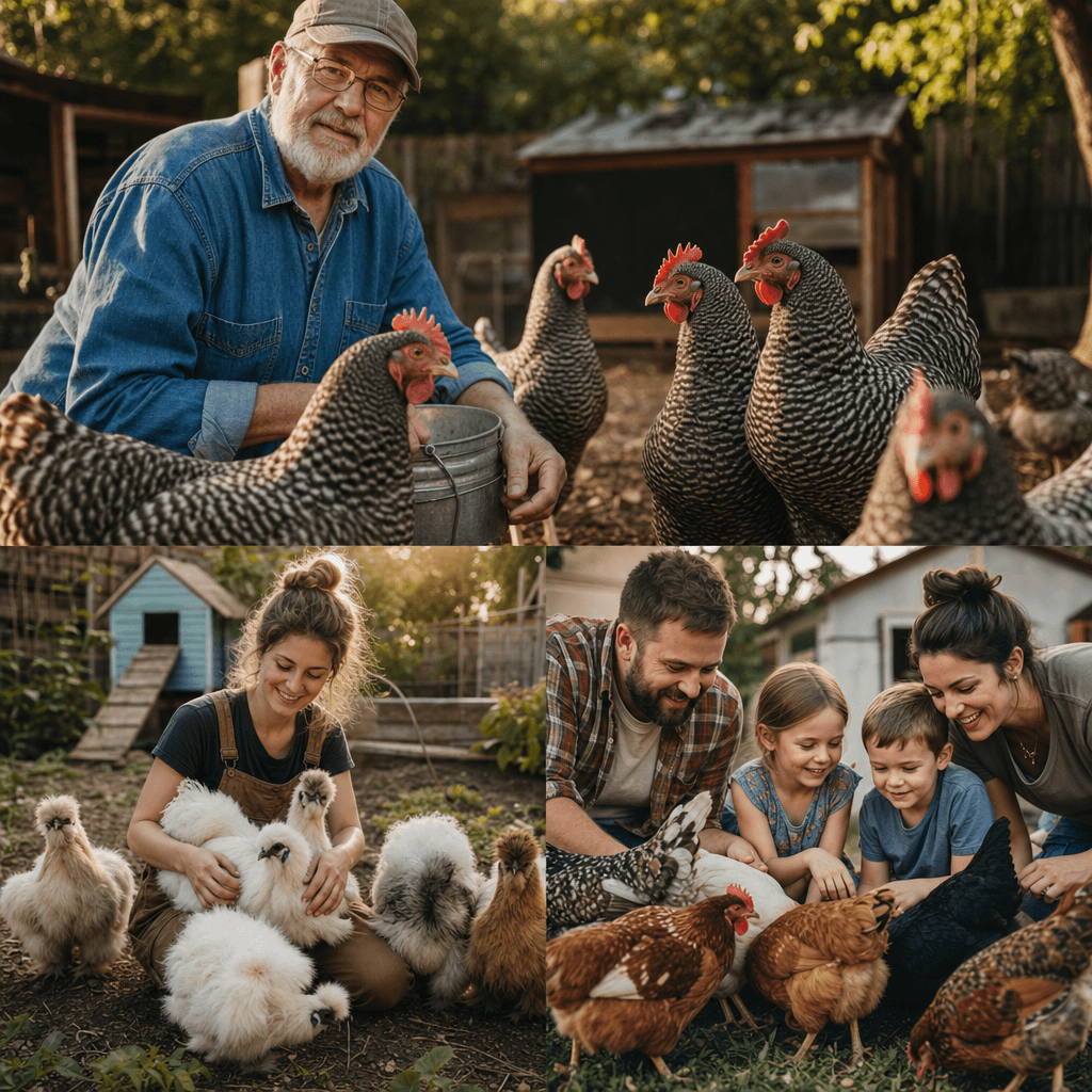 Backyard flock owner with healthy chickens