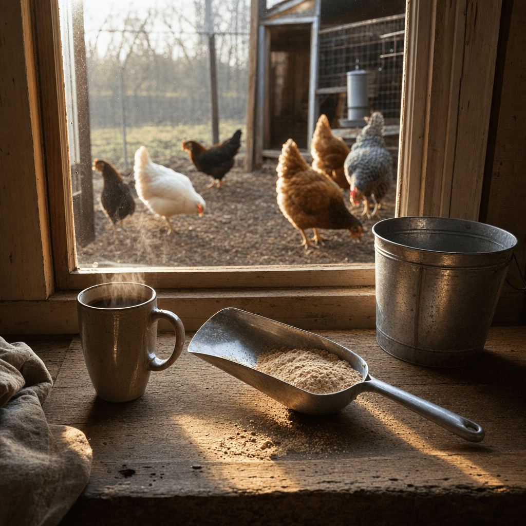 Daily chicken feed routine with Peck Purity