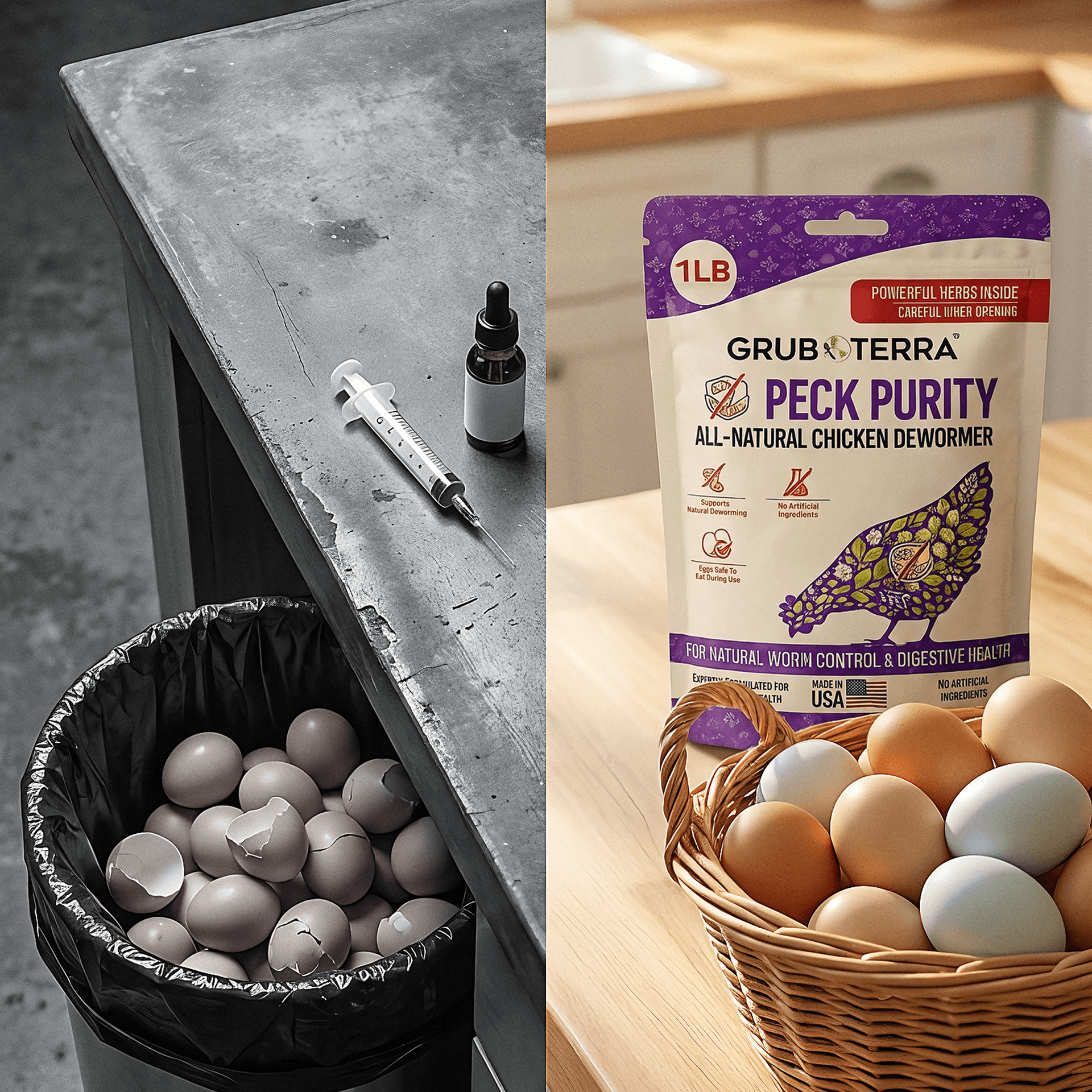 Peck Purity bag next to a hen on a nest of fresh eggs
