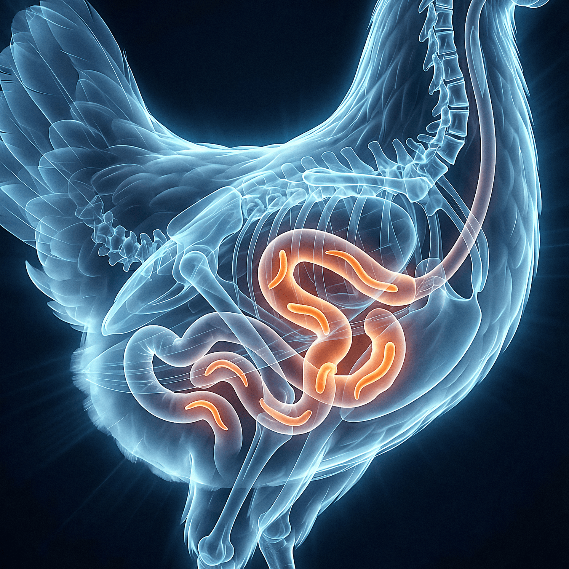 X-ray illustration of a chicken showing parasites in the gut