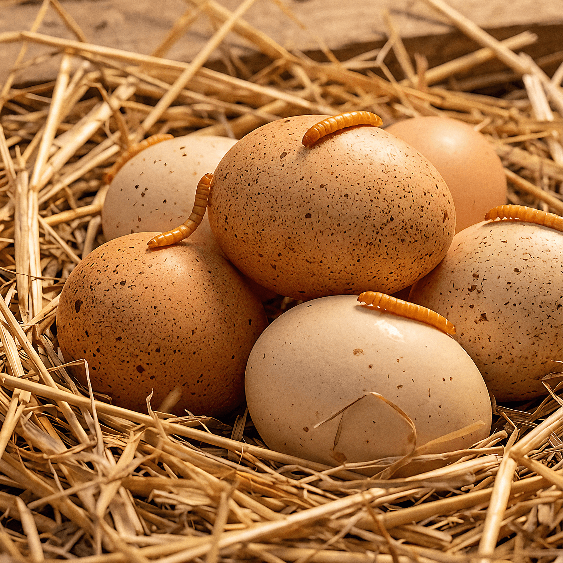 Eggs with worms on them in a hay nest