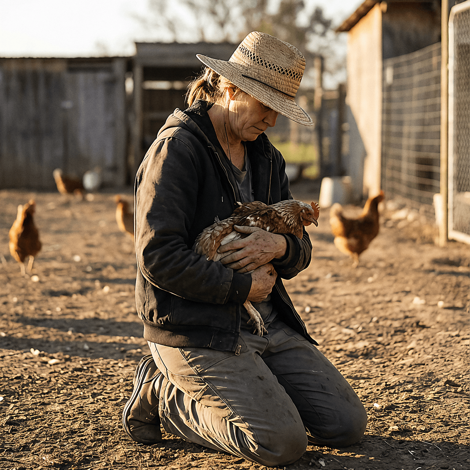 Farmer kneeling and holding a chicken in a backyard flock