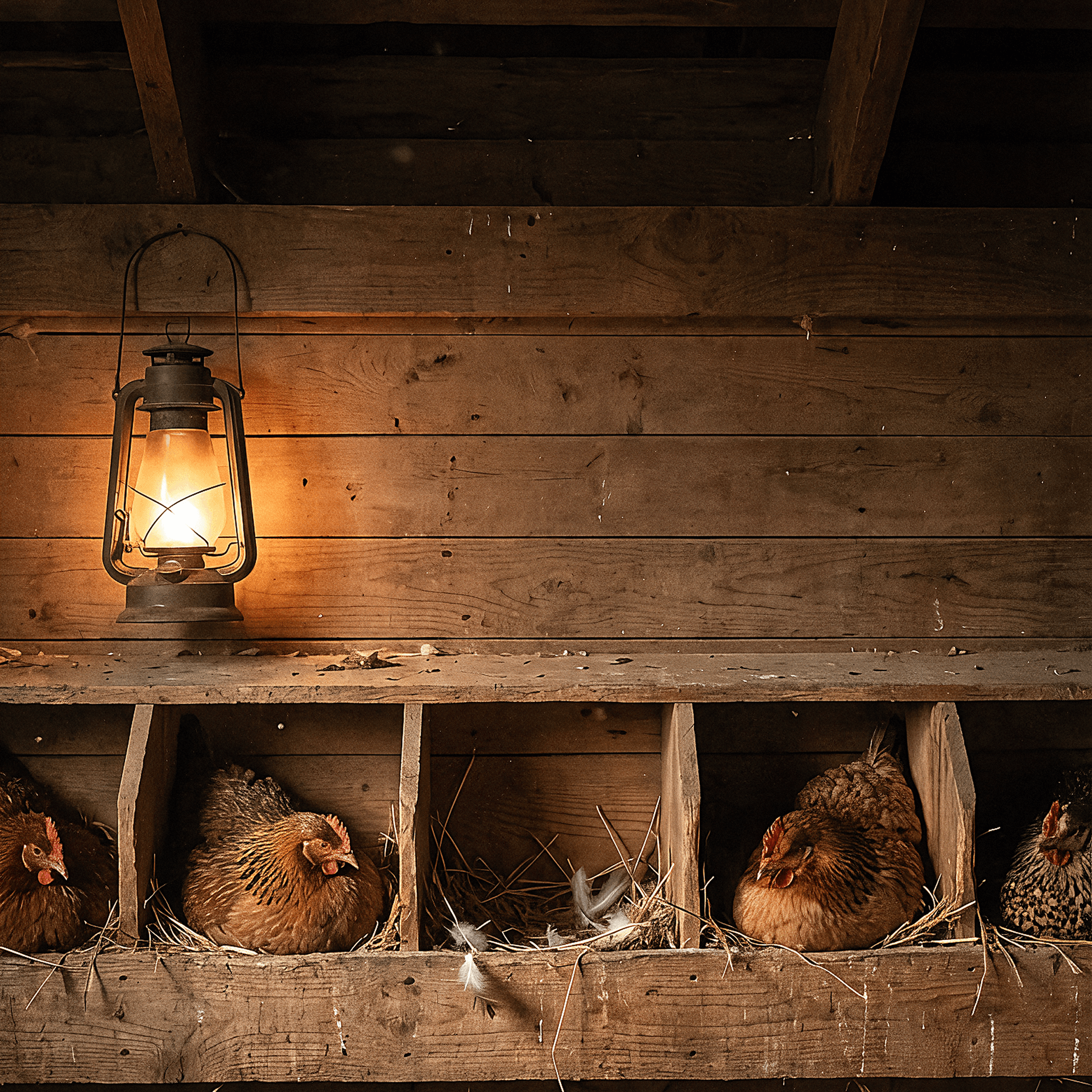 Chickens roosting in a warm coop lit by a lantern