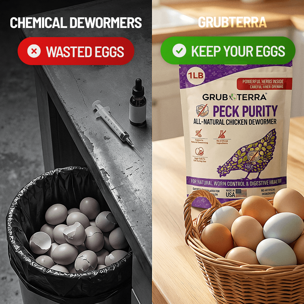 Peck Purity bag next to a hen on a nest of fresh eggs