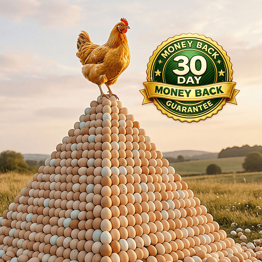 Split image: eggs in trash with chemical dewormer vs fresh eggs with Peck Purity