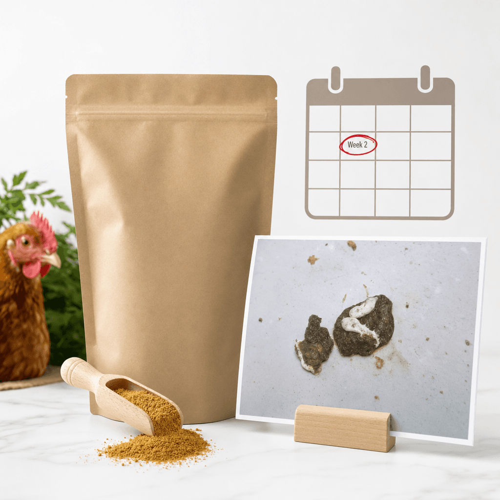 Peck Purity bag with chickens feeding